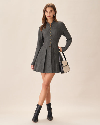 Lina | Gray Pleated Mini Dress with Buttons