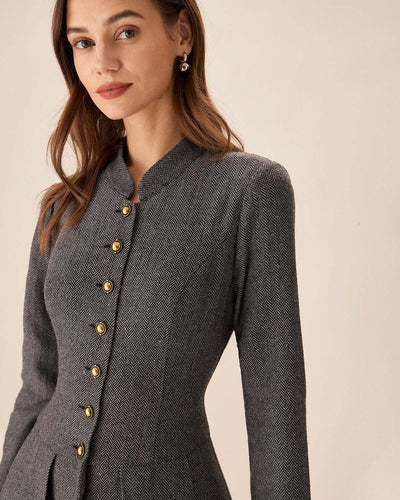 Lina | Gray Pleated Mini Dress with Buttons