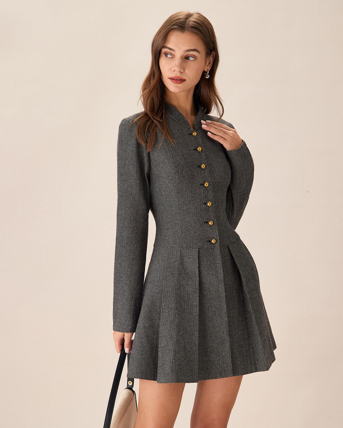Lina | Gray Pleated Mini Dress with Buttons